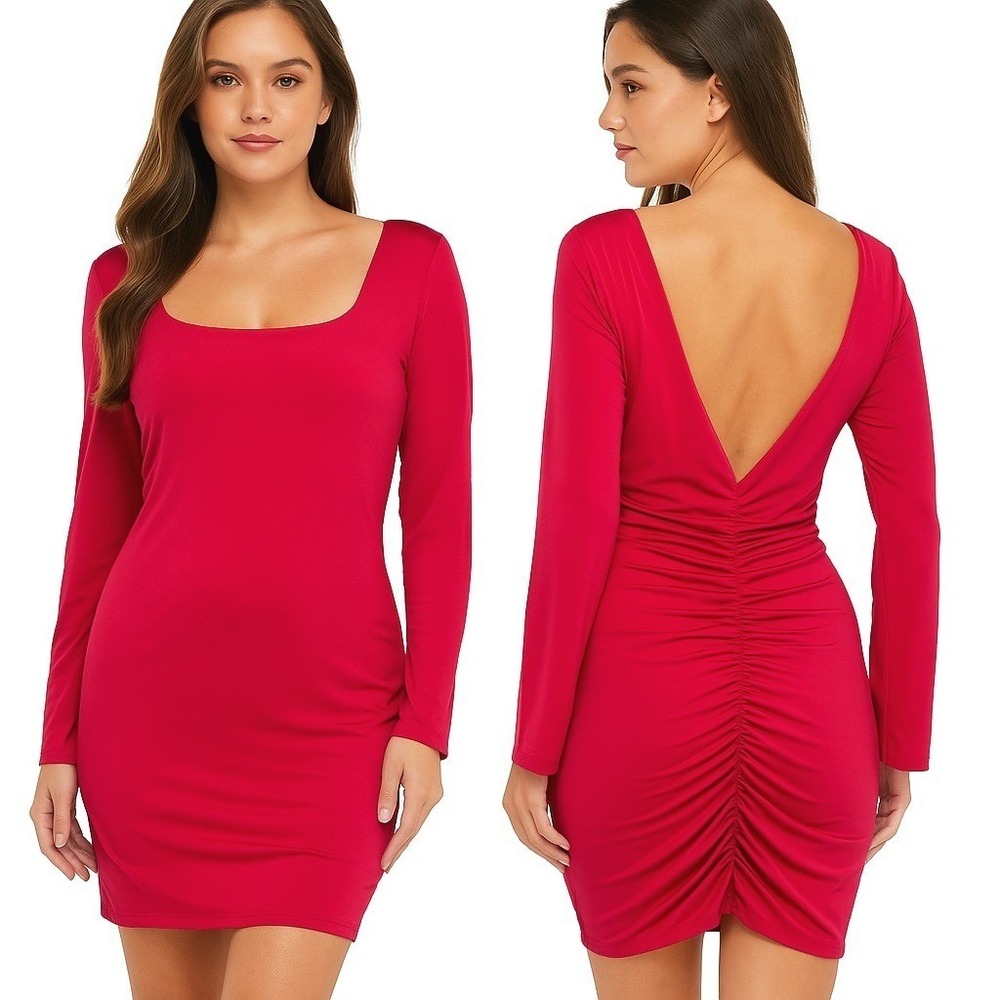 Ellakoko Pink Ruched Long Sleeve Dress LG Square Neck Stretch Bodycon Party New